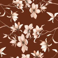 Seamless floral pattern with magnolias on a brown background, watercolor. Vector illustration.