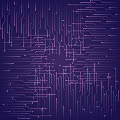 Abstract technological purple background with elements of the microchip. Circuit board background texture. Vector illustration.
