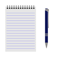 Vector notebook with a blue pen on a white background
