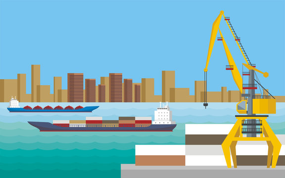 Sea landscape with the image of a harbour dock, ships and seaside industrial city. Vector background  