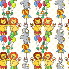 Fototapeta premium Doodle seamless pattern with circus animals and artists.