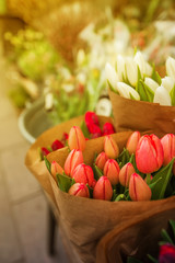 Bunch of tulip flowers for sale on street market