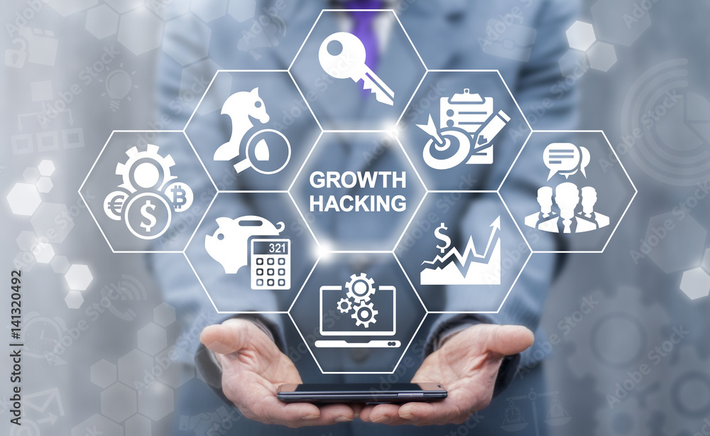 Poster growth hacking concept. growing increase ways how business technology company strategy to improve us