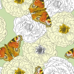 hand drawing butterfly and flowers. Hand drawn seamless pattern