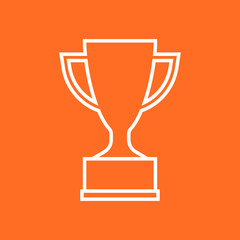 Trophy cup flat vector icon in line style. Simple winner symbol. White illustration isolated on orange background.