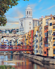 historical jewish quarter in Girona with Eiffel Bridge at sunrise, Barcelona, Spain, Catalonia - obrazy, fototapety, plakaty
