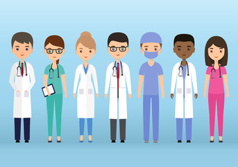 Medical characters flat people. Doctors and nurses standing together. Vector. Hospital staff. Medicine concept.