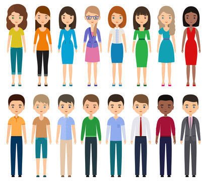 Characters flat people. Vector young men, women in casual and business clothes standing together. Cartoon female, male isolated on white background.