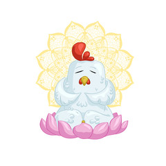 White chicken meditate on lotus with mandala