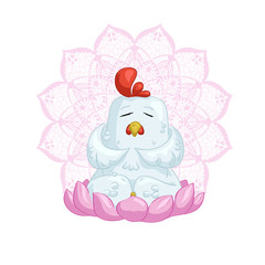White chicken meditate on lotus with mandala