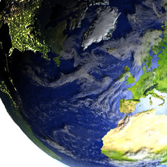 Europe and North America on realistic model of Earth