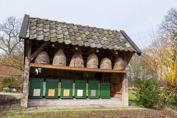 Beehives and hives outside under roof