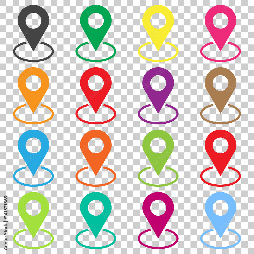 Poster set vector pin icons. location sign in flat style isolated on isolated background. navigation map, g