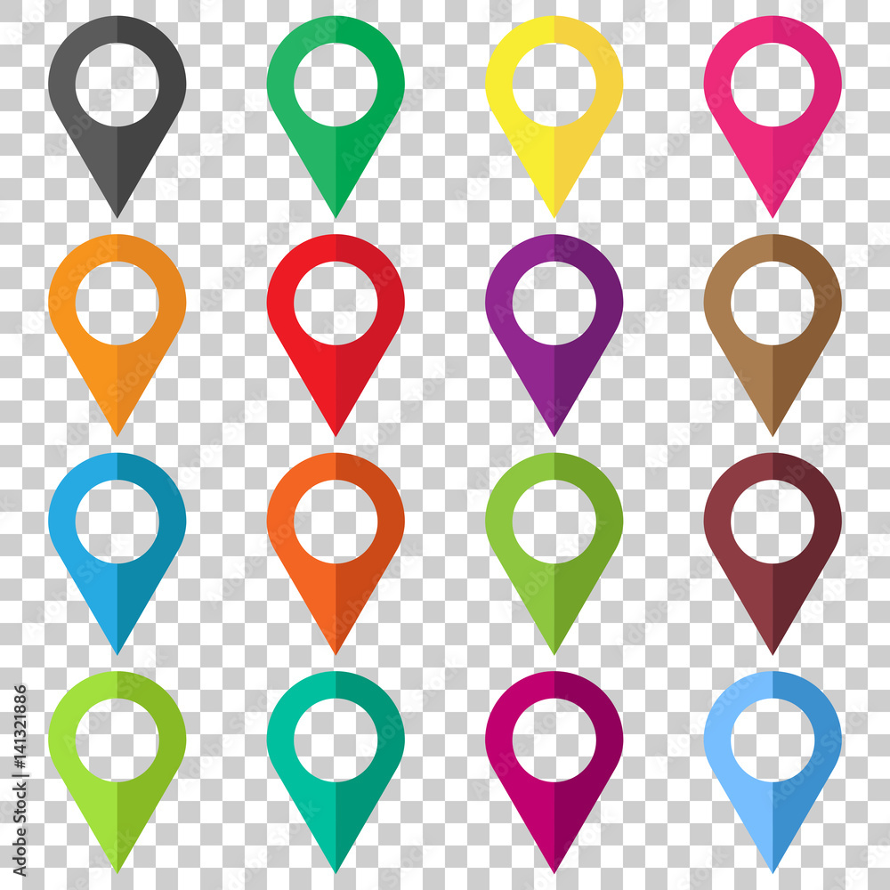 Poster set vector pin icons. location sign in flat style isolated on isolated background. navigation map, g