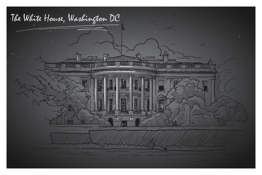 Front view of the White House and the lawn. Cityscape, urban hand drawing. Sketch on a black nightsky background with stars. Editable EPS10 vector illustration.