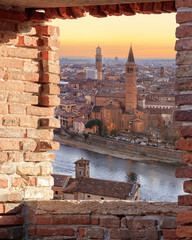 Verona historical quarter from viewpoint at sunset, Italy - obrazy, fototapety, plakaty