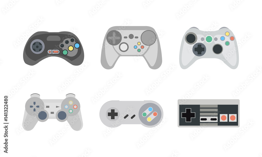 Poster retro gamepads and joysticks icons isolated on white background. console for video game. vector illu