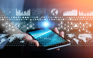 Businesswoman using digital mobile phone charts interface