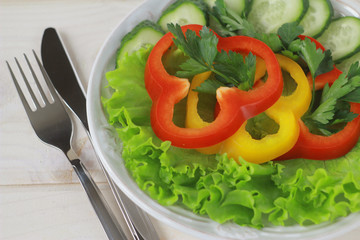 Raw vegetables and herbs: lettuce, sweet pepper, cucumber, chinese cabbage ... Concept healthy food