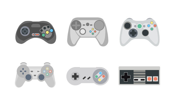 Retro gamepads and joysticks icons isolated on white background. Console for video game. Vector illustration