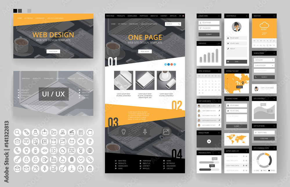 Wall mural website design template and interface elements