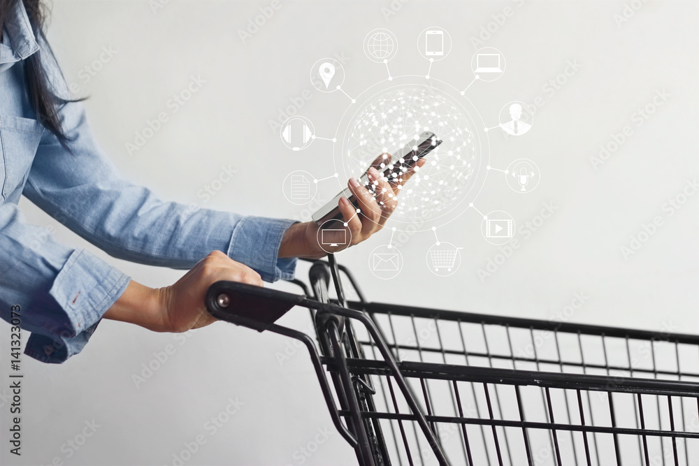 Poster woman using mobile payments online shopping and icon customer network connection on screen, m-bankin