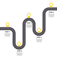 Infographic template. Five steps Winding asphalt road with pin-pointers. Vector EPS 10