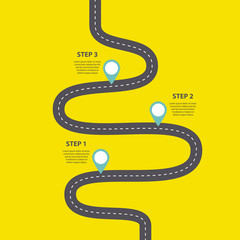 Curved asphalt road with pin-pointers. Vector EPS 10