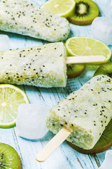 Ice cream on a stick of kiwi and lime with mint