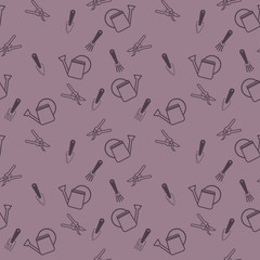 Seamless pattern with line art garden tools on light violet background. Vector illustration.
