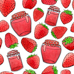 Hand drawn watercolor jam and strawberry seamless pattern on the white background - 141324251