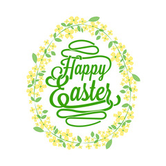 Happy Easter greetings card calligraphic lettering with egg and floral wreath created by watercolor brush - vector illustration