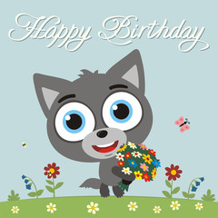 Happy birthday to you! Funny wolf with flowers. Birthday card with wolf in cartoon style.