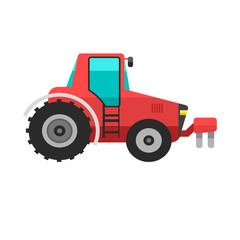 Type of agricultural vehicle red tractor or harvester machine combine icon with accessories for plowing mowing, planting and harvesting vector illustration.