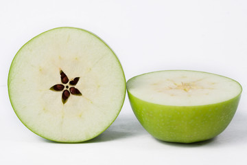  Green apples and half of apple Isolated on a white background