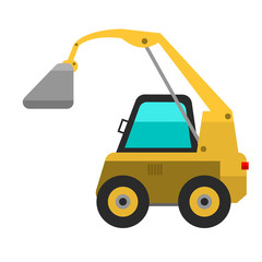 Type of agricultural vehicle or harvester machine combine and yellow excavator icon with accessories for plowing mowing, planting and harvesting vector illustration.