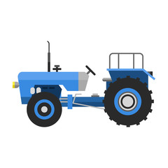 Type of agricultural vehicle blue tractor or harvester machine combine and icon with accessories for plowing mowing, planting and harvesting vector illustration.