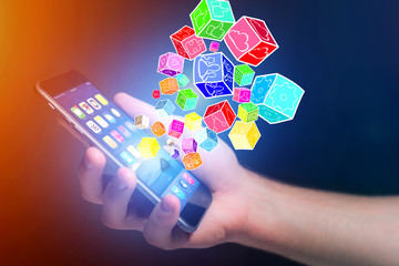 Colorfull application cube going out a smartphone - Technology concept