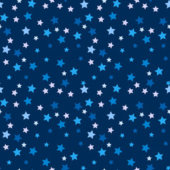 Seamless vector pattern with blue and white stars on dark blue background. Background for dress, manufacturing, wallpapers, prints, gift wrap and scrapbook. 
