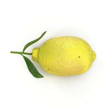Lemon with leaves on white. Top view. 3D illustration