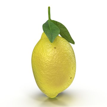 One ripe lemon with leaves on white. 3D illustration