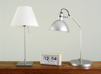 Two Table Lamps on Desk with Retro Flip Clock
