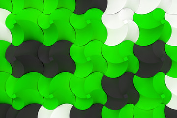 Pattern of black, white and green twisted pyramid shapes
