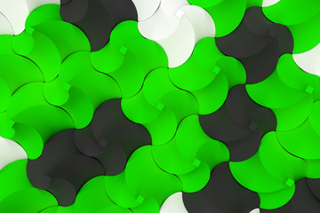 Pattern of black, white and green twisted pyramid shapes