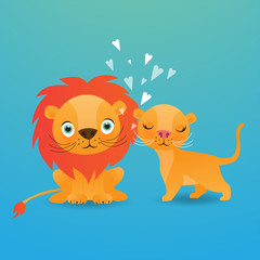 Cute lion cartoon on blue background vector illustration.