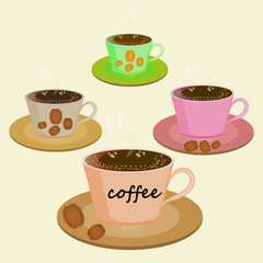 set of cups on saucers with coffee and coffee beans