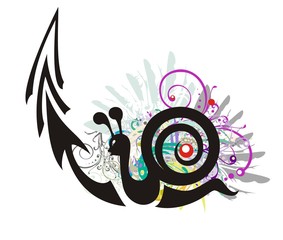 Black snail symbol with an arrow in grunge style. The snail aspiring up with floral elements and colorful feathers - slow business growth financial symbol
