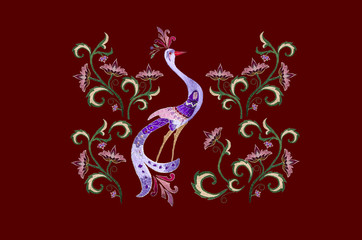 Vinous background with embroidered stylized bird among branch with flowers and twisted leaves