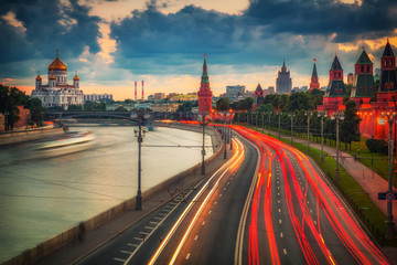 Traffic in night Moscow near Kremlin