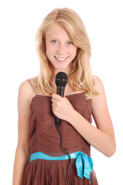 Happy Young Beautiful Girl Singing With Microphone